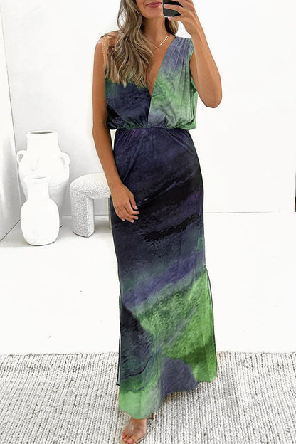 Casual Vacation Tie Dye Backless V-Neck A-Line Dresses