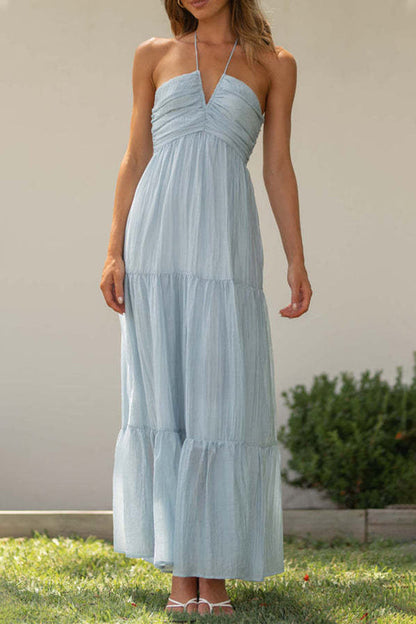 Claudia - Elegant Sweet Plain Patchwork Halter Neck Sleeveless Dress Dresses