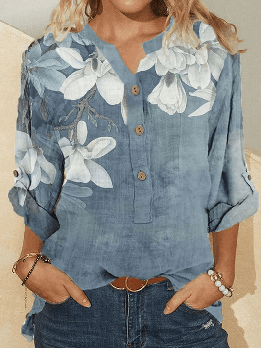 Lidia - Women Cotton Floral Embroidery Casual Stand Collar Shirt