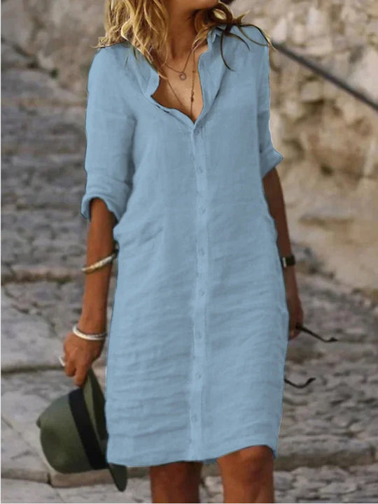 Miriam - Single-colored cotton dresses with lapels and buttons and half sleeves