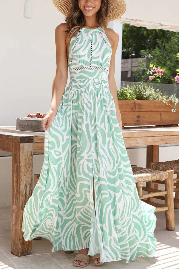 Anna - Just Met You Printed Lace Trim Halter Elastic Waist Slit Maxi Dress