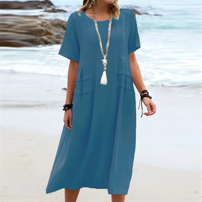 Tara - Casual Cotton and Linen Solid Color Round Neck Short-sleeved Mid-length Dress
