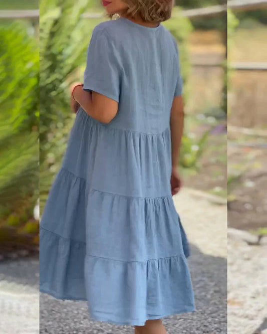 Cotton-linen dress with V-neckline