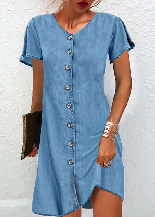 Rebecca - Simple Blue V-Button Patchwork Denim Dress with Short Sleeves