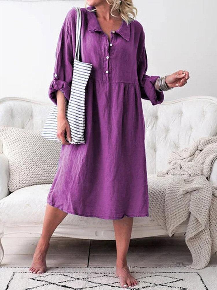 Georgina - Women Long Sleeve Button Lapel Causal Shirt Dress