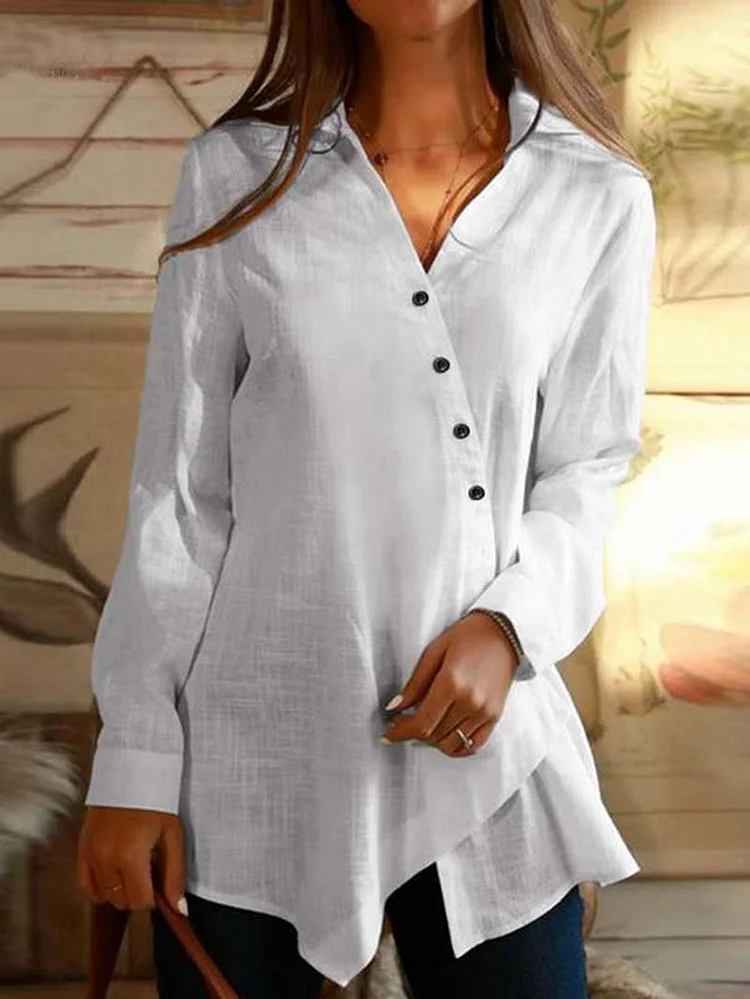 Linda - Casual V-neck shirt with lapel, long sleeves, and irregular hem