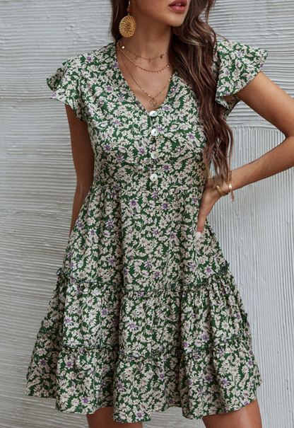 Laura - A-Line Dresses with V-Neck and Stylish Floral Buckle Ruffles
