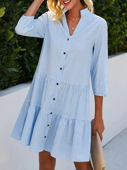Rebecca - Loose A-line shirt dress with button placket and check pattern and high neckline