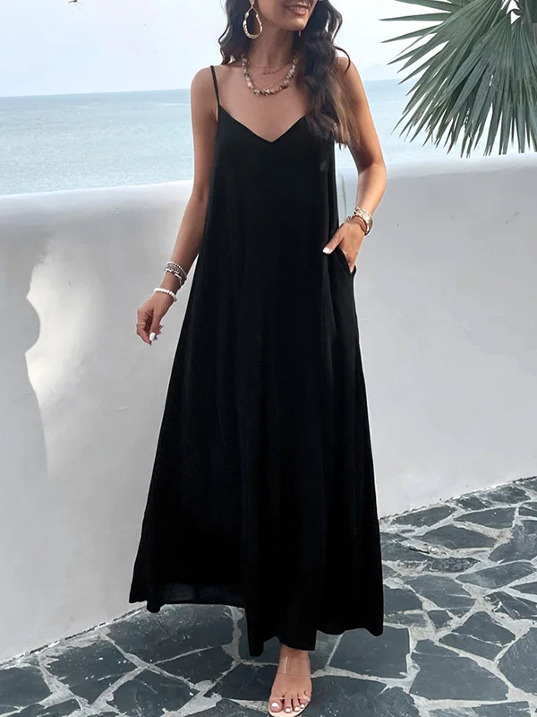 Domenica - Solid Color Pleated Sleeveless Loose Long Dresses