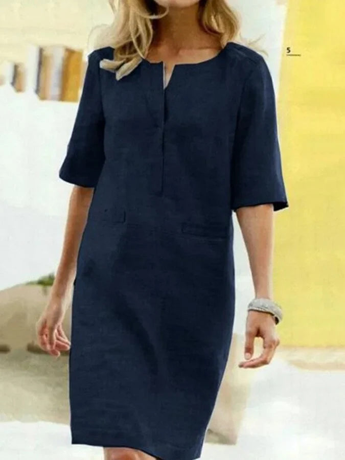 Linda - Cotton and linen short sleeve dress for women