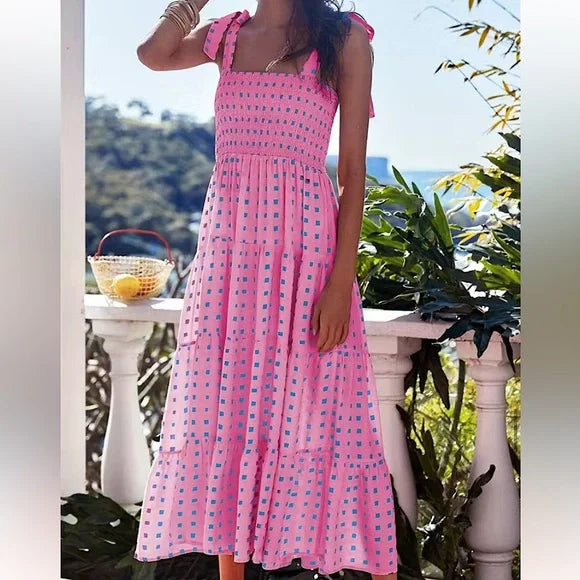 Gathered long dress with pink geo print flounce hem
