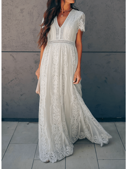 Karol - Short-sleeved maxi dress with V-neck and lace