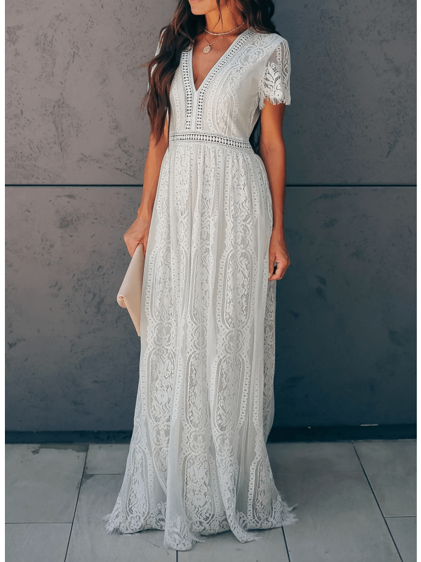 Karol - Short-sleeved maxi dress with V-neck and lace