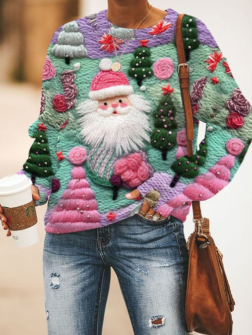 Pink Christmas Sweater with Santa Claus Pattern for Women – Oliver London